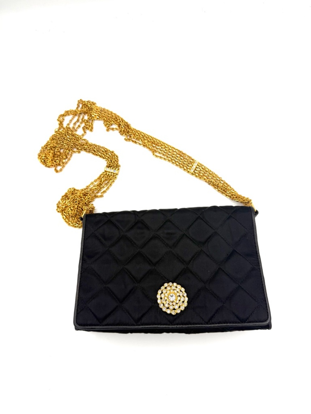 CHANEL Rhinestone Black Quilted Silk Evening Flap Shoulder Bag with Gold Chain